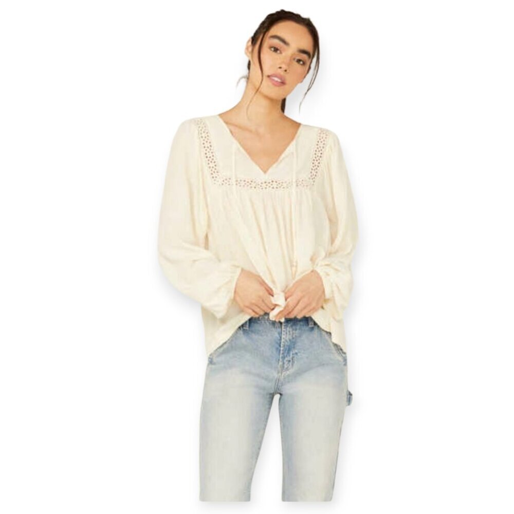 Cleo + Wolf Austin Cream Cotton Boho Eyelet Lace Blouse Womens Small Ivory Top